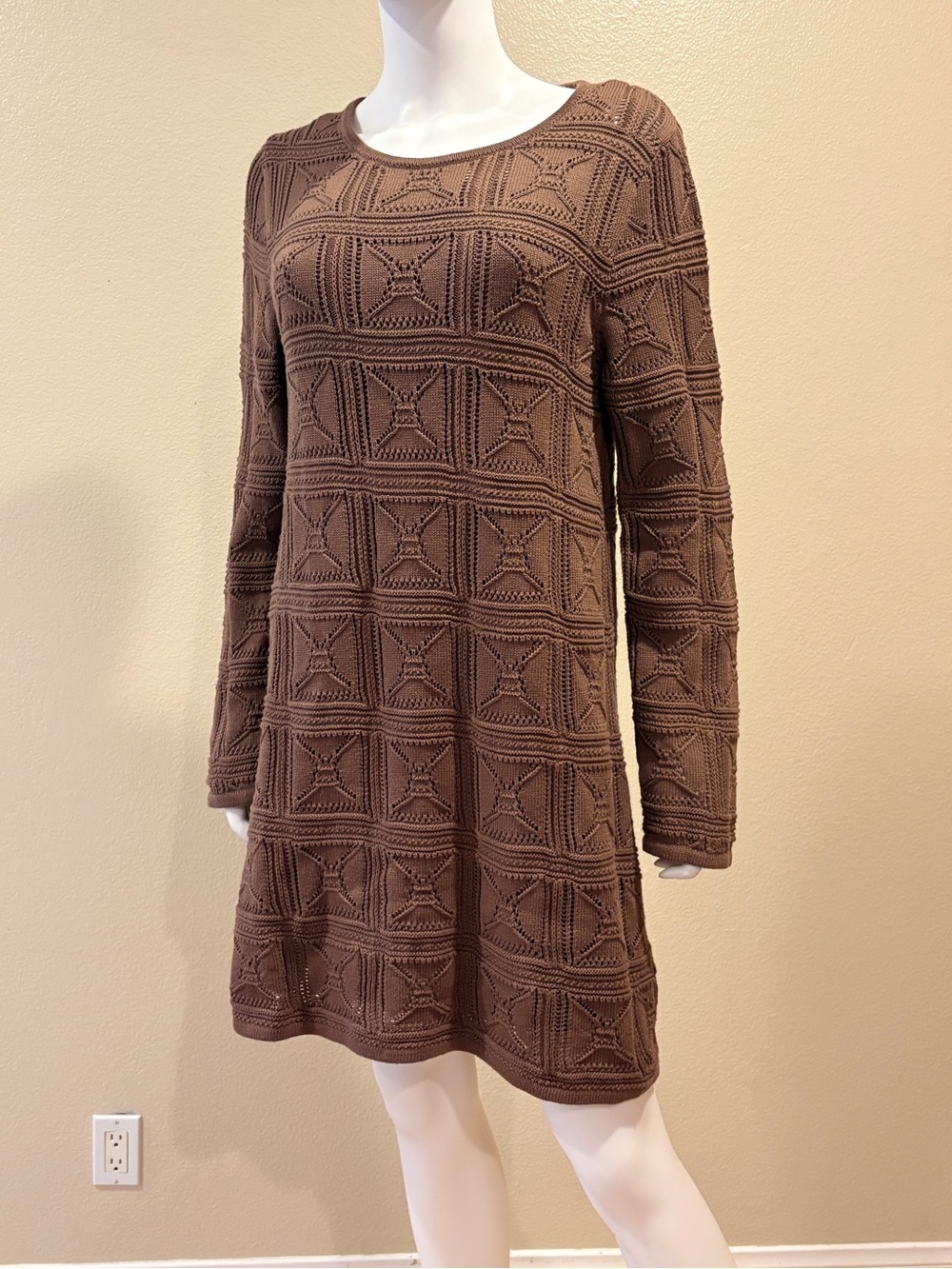 Boho Country Knitted Long Sleeve Sweater Dress NEW Size Large Cotton Coco Brown